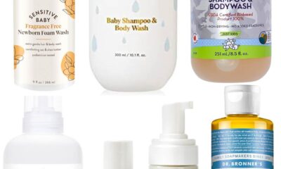 Collage of the best organic and non-toxic baby wash brands on a white background.