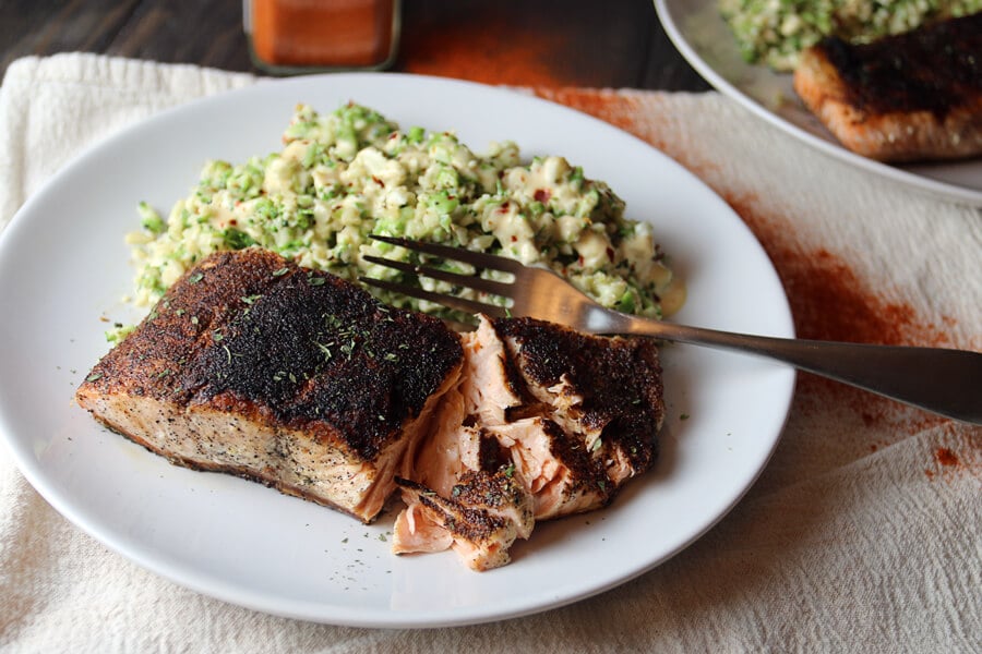 Crispy Skin Blackened Salmon with Warm Slaw