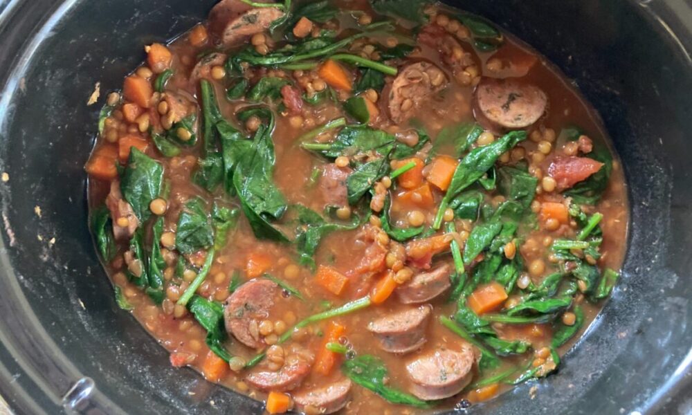 Finished Slow Cooker Lentils with Chicken Sausage and Spinach Ready to Serve from Black CrockPot