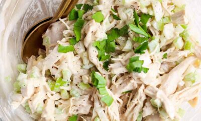 A bowl of shredded chicken salad garnished with chopped green onions and herbs.