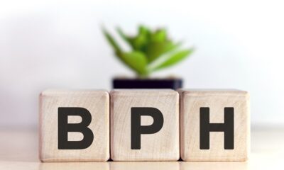 BPH concept on wooden cubes and flower in a pot in the background