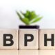 BPH concept on wooden cubes and flower in a pot in the background