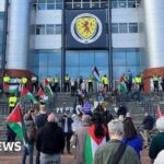 Protesters gather at Hampden ahead of Scotland v Israel match