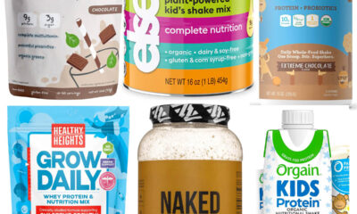 Collage of the best protein powders for kids on a white background.