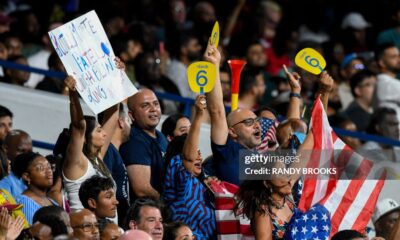 Supporters of USA cheer for their team during the ICC men