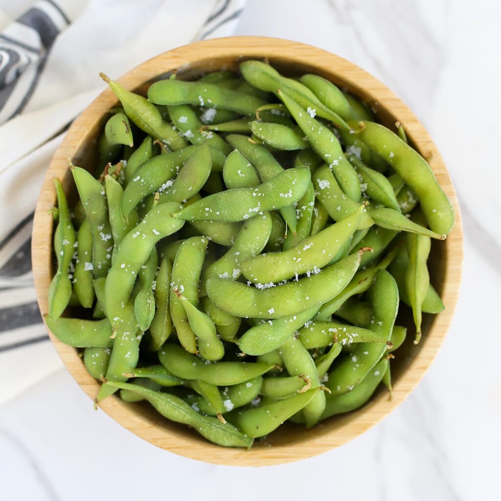 wooden bowl with edamame