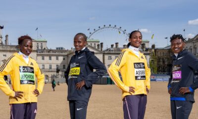 (l-r) Ruth Chepngetich (KEN), Brigid Kosgei (KEN), Tigist Ketema (ETH) and Peres Jepchirchir (KEN), pose for a photo at Horse Guards Parade ahead of the TCS London Marathon 2024