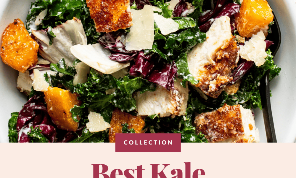 A bowl of kale salad with roasted butternut squash, grilled chicken, radicchio, and grated cheese. Text overlay reads “Collection: Best Kale Salad Recipes”. Perfect for those seeking delicious and nutritious kale salad recipes.