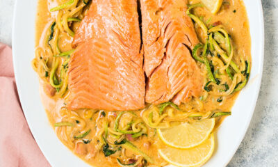 Salmon & Zoodles in Creamy Bacon Tomato Sauce