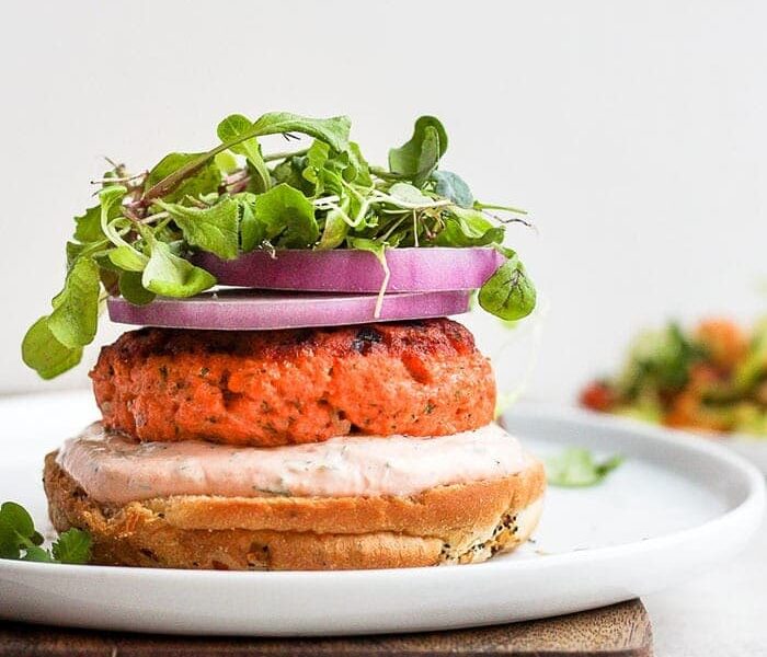 salmon burgers on a plate