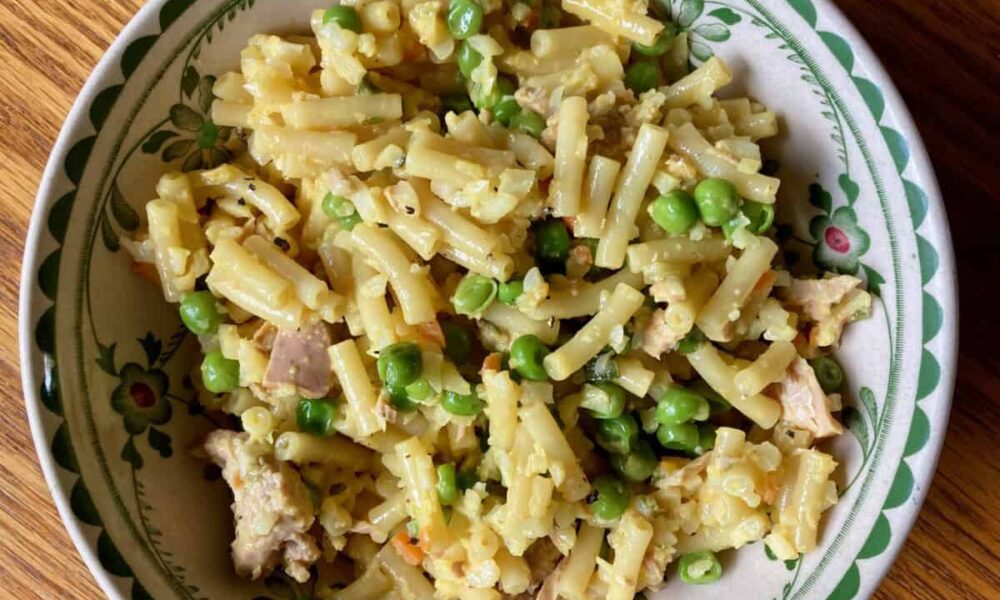 skinny easy cheesy tuna mac in ceramic bowl shot from above