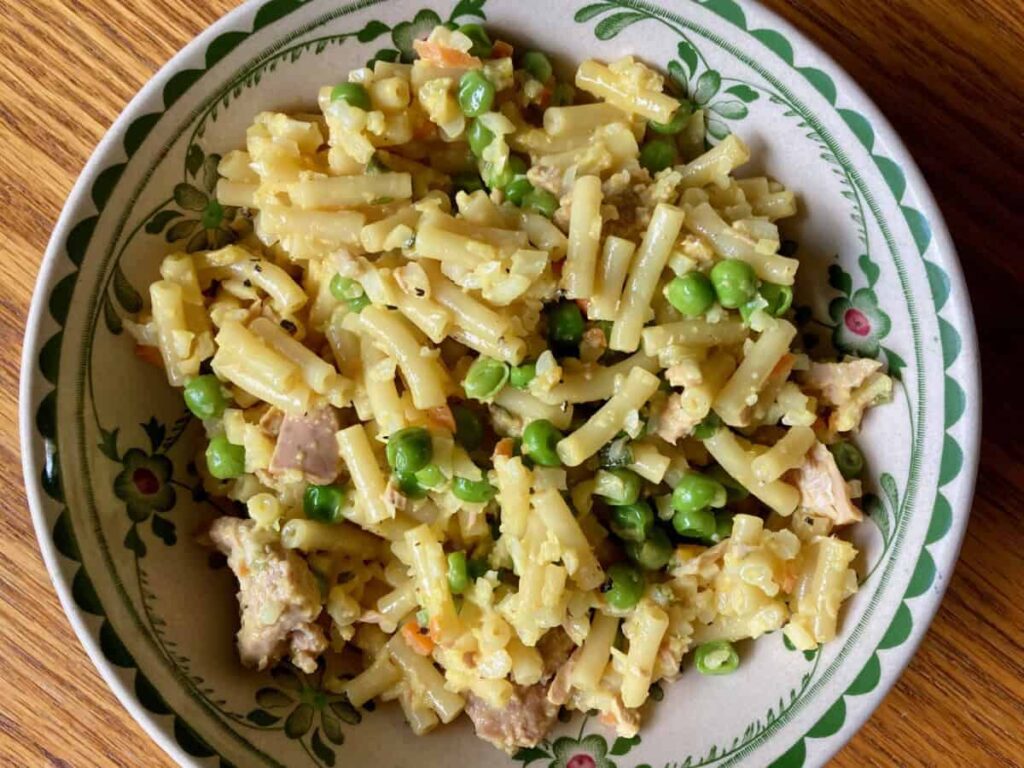 skinny easy cheesy tuna mac in ceramic bowl shot from above