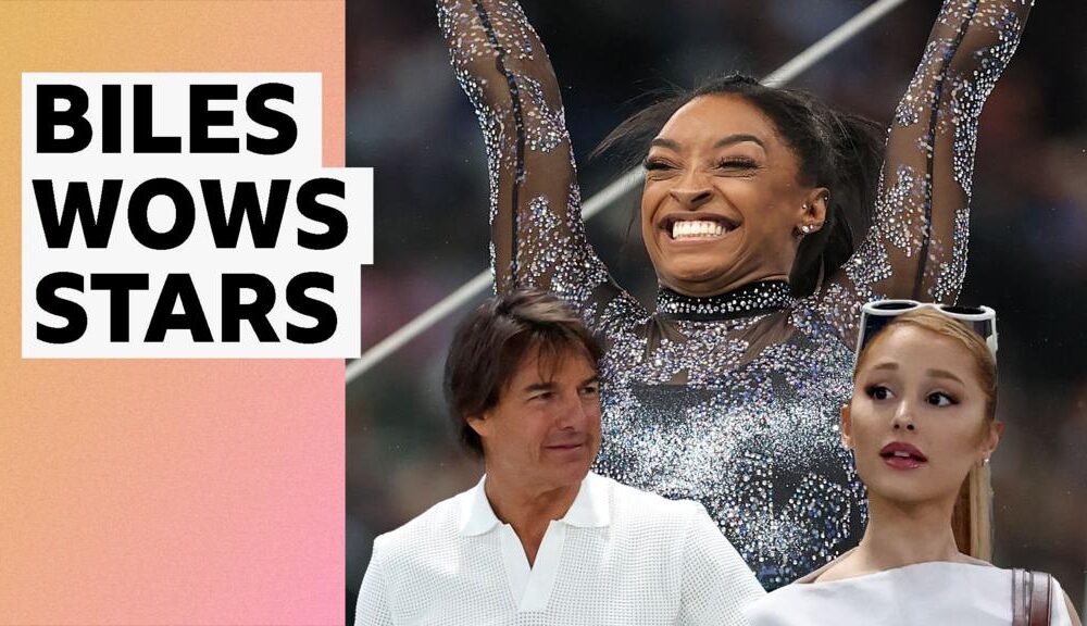 Simone Biles dazzles in front of Tom Cruise and Arian Grande at Paris 2024 Olympics - video