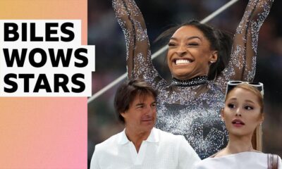 Simone Biles dazzles in front of Tom Cruise and Arian Grande at Paris 2024 Olympics - video