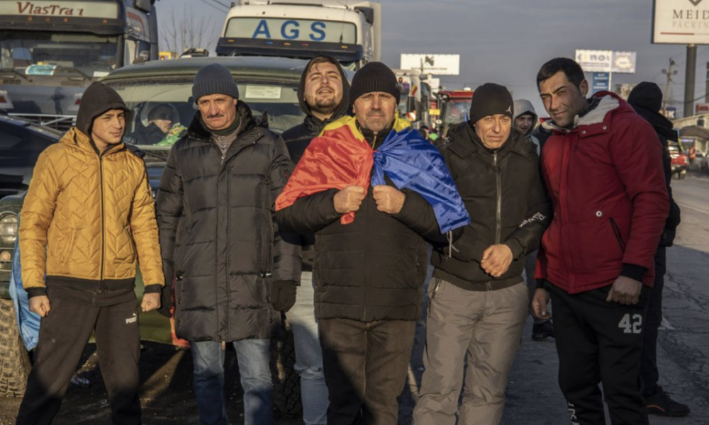 Romanian truckers blocking a road in Afumați, near Bucharest on 13 January 2024.