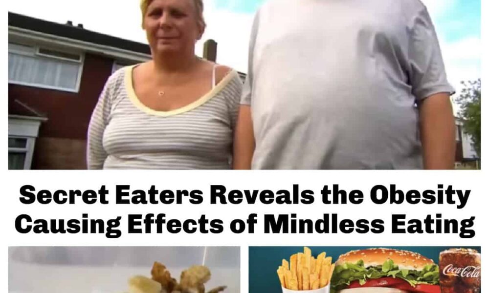 Photo Collage of Middle Aged Secret Eaters, and Oversized Amounts of Food with Text Overlay: Secret Eaters Reveals the Obesity Causing Effects of Mindless Eating