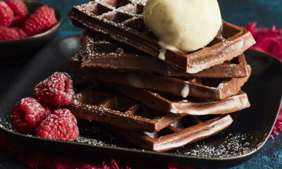 Slimming World chocolate waffles with raspberries and ice cream