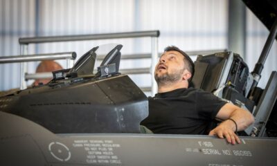 Ukrainian President Volodymyr Zelenskiy sits in an F-16 fighter jet at Skrydstrup Air Base in Vojens