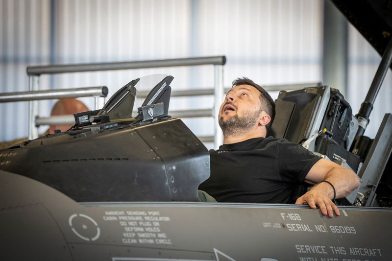 Ukrainian President Volodymyr Zelenskiy sits in an F-16 fighter jet at Skrydstrup Air Base in Vojens