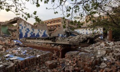 A general view shows a school that was destroyed in a recent Russian airstrike in Pokrovsk