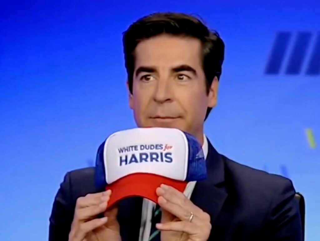 White Dudes for Harris says it ‘broke’ Fox News after awkward segment where Jesse Watters tries to force co-host to wear merch