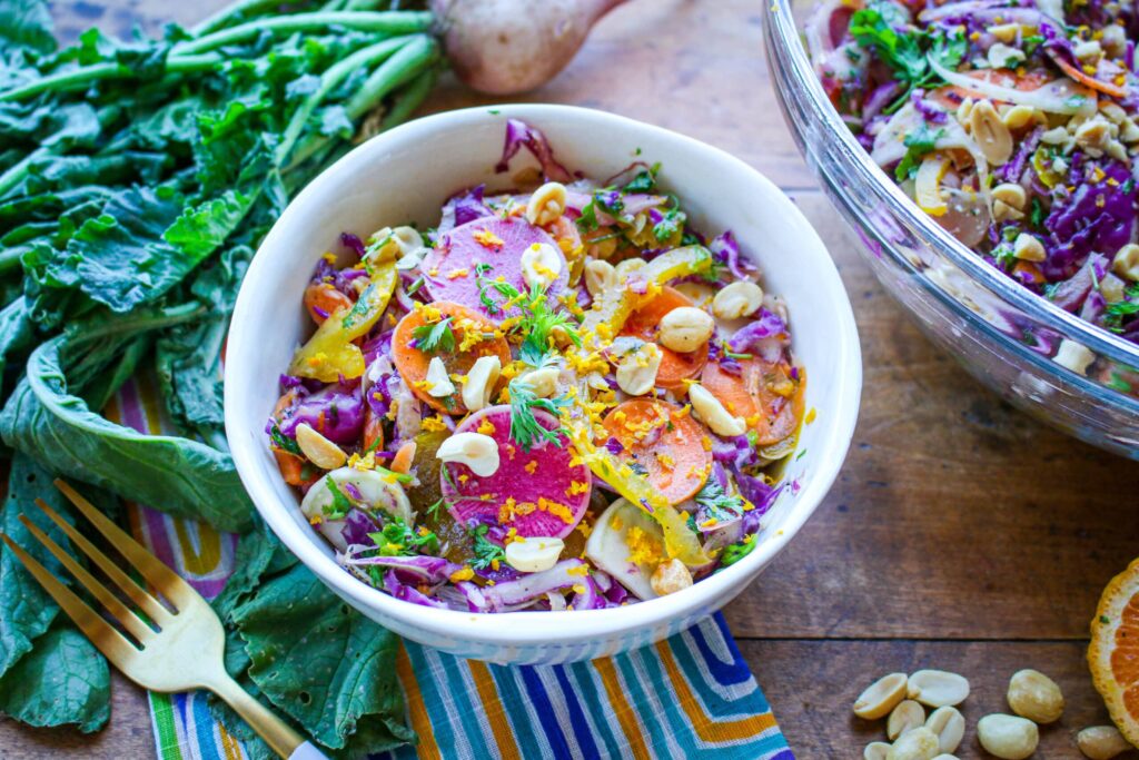 Rainbow Peanut Slaw with Mandarin Dressing