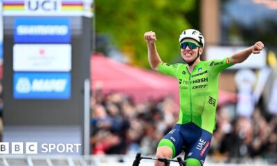 Tadej Pogacar: Slovenian wins first world road race title to complete cycling's 'Triple Crown'