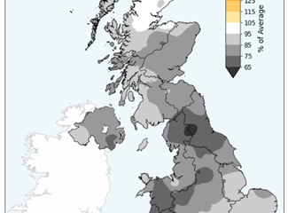 Map of the UK showing sunshine hours for Spring 2024. The map is nearly all grey meaning the UK had below average sunshine hours in Spring 2024 with particular dull spots shown in darker grey across the south west of England and northern England.